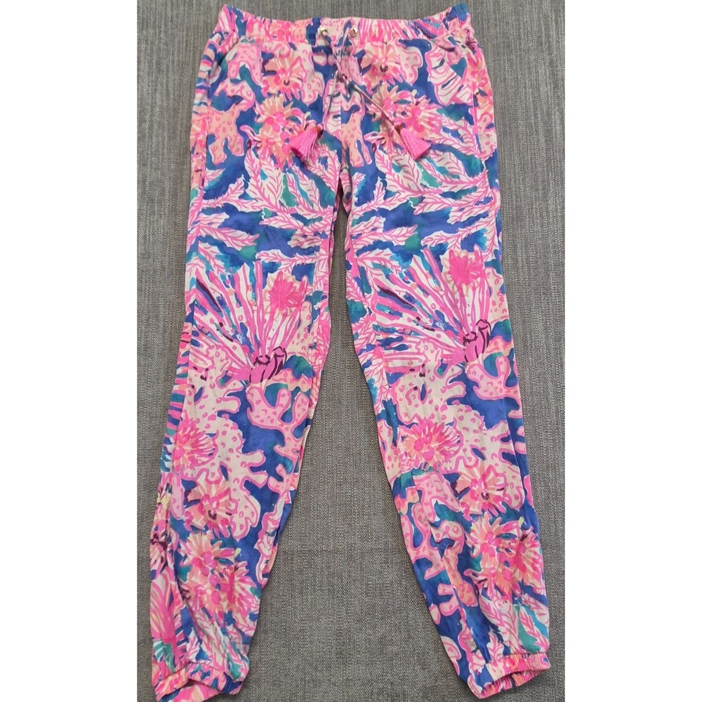 Lilly Pulitzer Piper Pants XS pink blue floral print pull on jogger drawstring